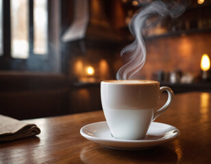 Obraz premium Steaming coffee on a table in a stylish cafe