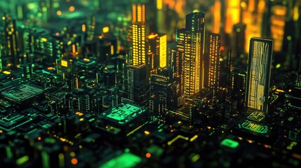 Neon-lit circuit boards creating a cityscape