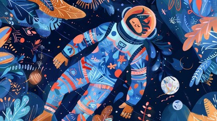 Craft a dynamic image showing a high-angle view of a space explorer performing ballet in zero gravity, with intricate suits highlighting fluid movements