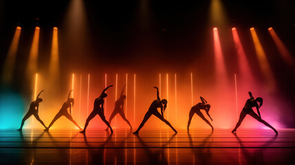 Group of dancers performing on stage with colorful background lighting and dynamic poses