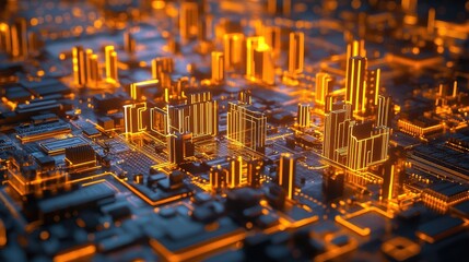 Neon-lit circuit boards creating a cityscape