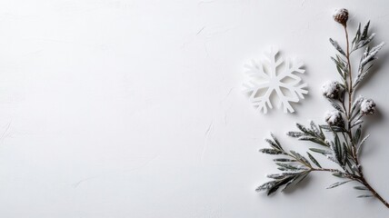 Minimalist flat lay of single white paper snowflake on white canvas.