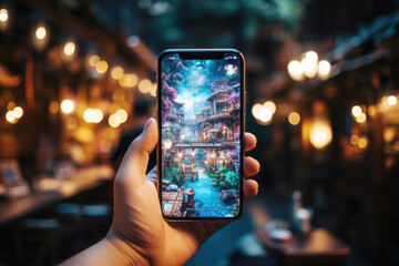 generated illustration of close-up of a gamer holding a gaming smartphone with a mobile  game on the screen.