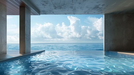 Enclosed modern pool area with ocean view.