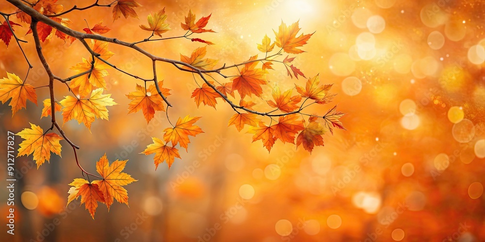 Poster Beautiful autumn leaves branch with orange foliage in dreamy bokeh sunlight background, creating a magical fall season atmosphere