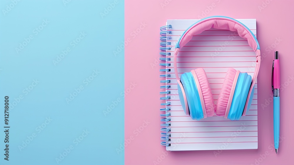 Poster notebook and pen on a solid color background, ready for notes
