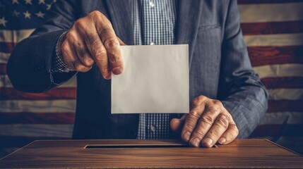 Voter casting ballot in primary election in front of american flag for democratic process