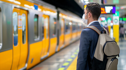 Businessman wearing face mask while standing at subway platform