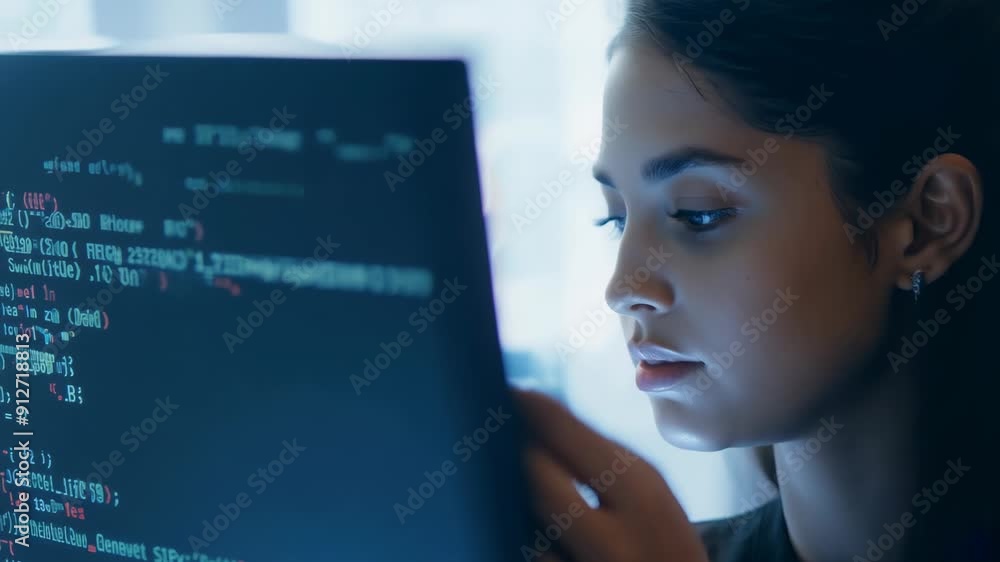 Aufkleber a female programmer works at a computer studying the code on the screen. concept: women's career in 
