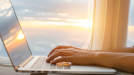 Businessman working at laptop on airplane