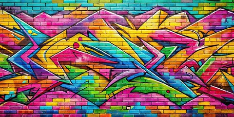 Vibrant graffiti mural featuring pink, yellow, green, and blue colors on a brick wall , vibrant, graffiti, mural, pink