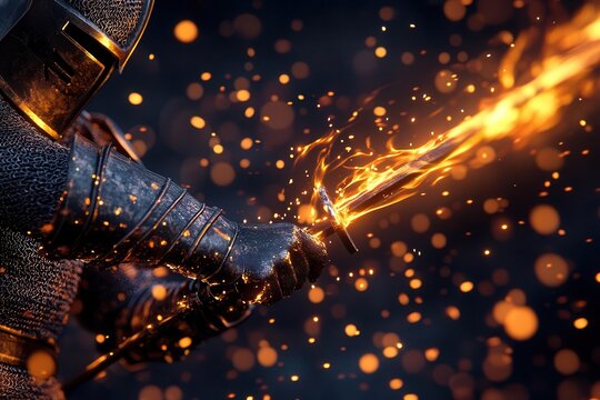 Fototapeta A knight wielding a flaming sword, sparks fly in the air