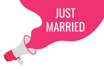 just married button, banner, label, template for website. just married text with colorful megaphone icon
