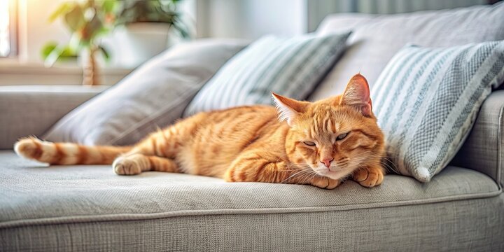 Sleepy ginger cat lying on a cozy couch in a bright living room interior , cat, ginger, sleepy, cozy, couch, bright
