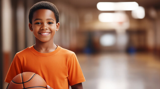 African-American boy holding basketball in school gymnasium, school sports, copy space