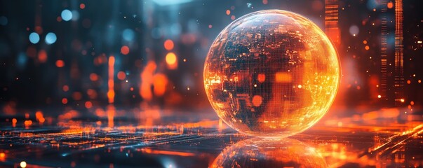 Vibrant digital globe with glowing edges, representing connectivity and technology in a futuristic setting.