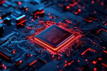 Fototapeta premium A close-up of a glowing microchip on a dark circuit board, showcasing intricate technology and vibrant red and blue colors.
