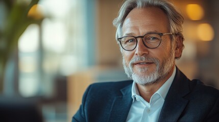 Fototapeta premium A confident senior man with glasses smiling in a modern office setting. Bright, professional environment with warm lighting.