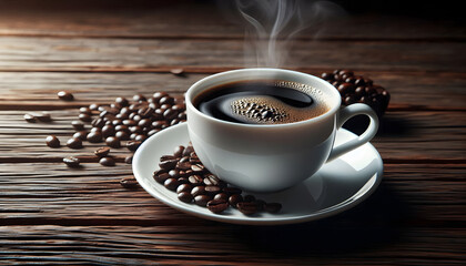 Fototapeta premium Strong black coffee surrounded by roasted and ground coffee beans