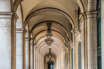 Detail of an arcade surrounding praca do comercio in Lisbon, Portugal.