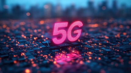 A vibrant 5G sign glowing amidst a tech-inspired cityscape, representing the future of connectivity and innovation.