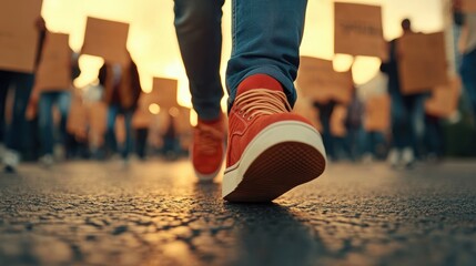 A close-up view of vibrant sneakers walking among a crowd during a peaceful protest at sunset.