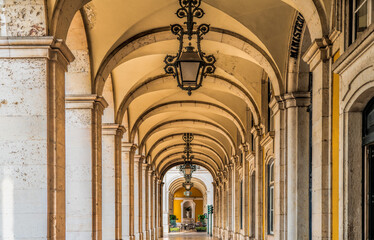 Detail of an arcade surrounding praca do comercio in Lisbon, Portugal.
