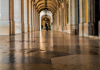 Detail of an arcade surrounding praca do comercio in Lisbon, Portugal.