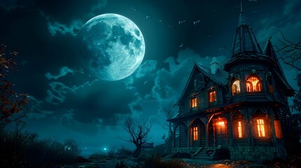 A large house with a moon in the sky