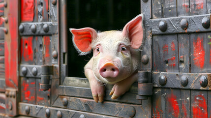 Pig looking out of the window from an old truck. pink pig with red ears 