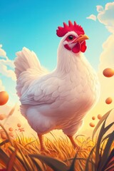 Majestic white hen standing proudly in a golden sunrise field