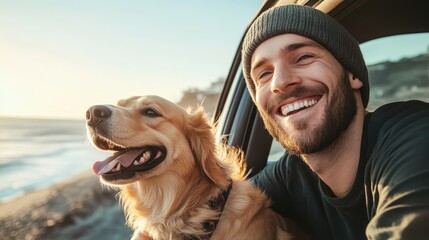 Smiling man wearing beanie, with his dog by his side, both leaning out of a car window and feeling...