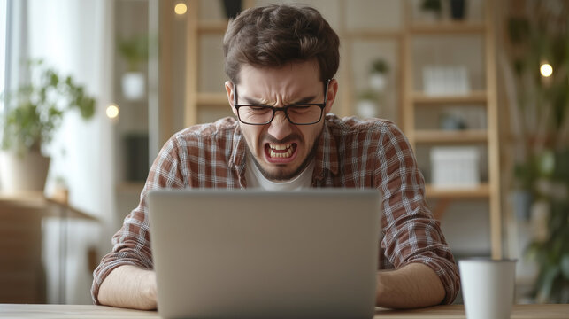 An angry young man sits in front of a laptop with an expression of rage directed at the screen, landscape format 16:9 with copy space