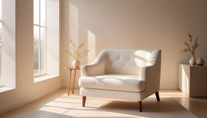 a white armchair poised elegantly by the window in natural light with minimal style