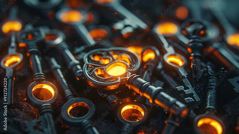 Poster pile of old keys with one glowing key in focus.