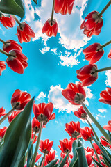 Obraz premium Low angle view of red tulips against a bright blue sky with white clouds, symbolizing freshness and optimism.
