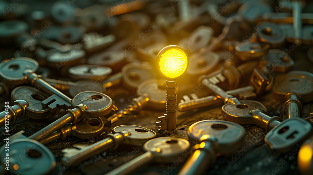 Poster pile of old keys with one glowing key in focus.