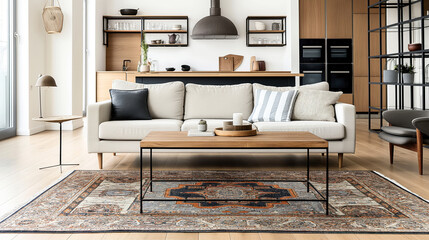 Modern living room with a beige sofa, decorative pillows, wooden coffee table, and a patterned rug, integrated into an open kitchen with wooden cabinets and black accents.