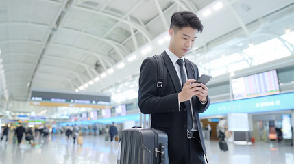 Elegant asian businessman checking email on mobile phone while walking with suitcase inside airport