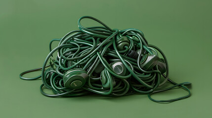 Pile of tangled earphones forming a brain shape. 
