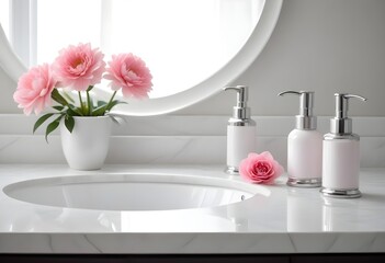 A white bathroom counter with a round white sink, two silver soap dispensers, and a pink flower in the background