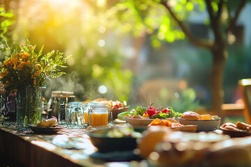 Dinner table with flowers and fruit. Eat outside day on 31th August