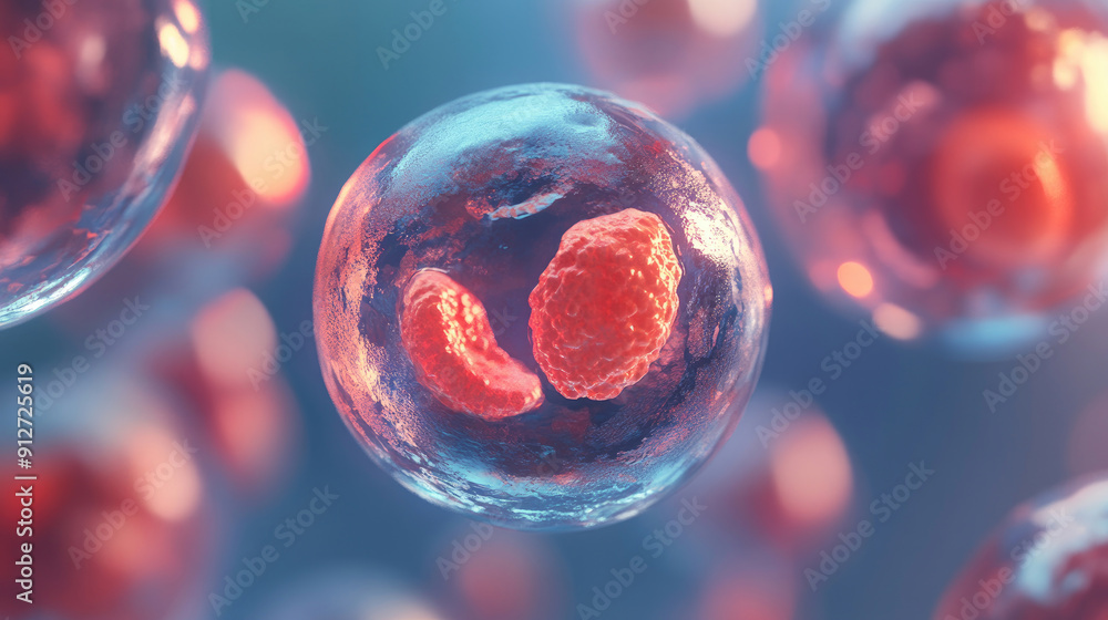 Poster 3d illustration of human cell or embryonic stem cell microscope background