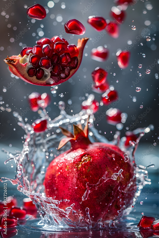 Poster pomegranate seeds falling into water creating splashes.
