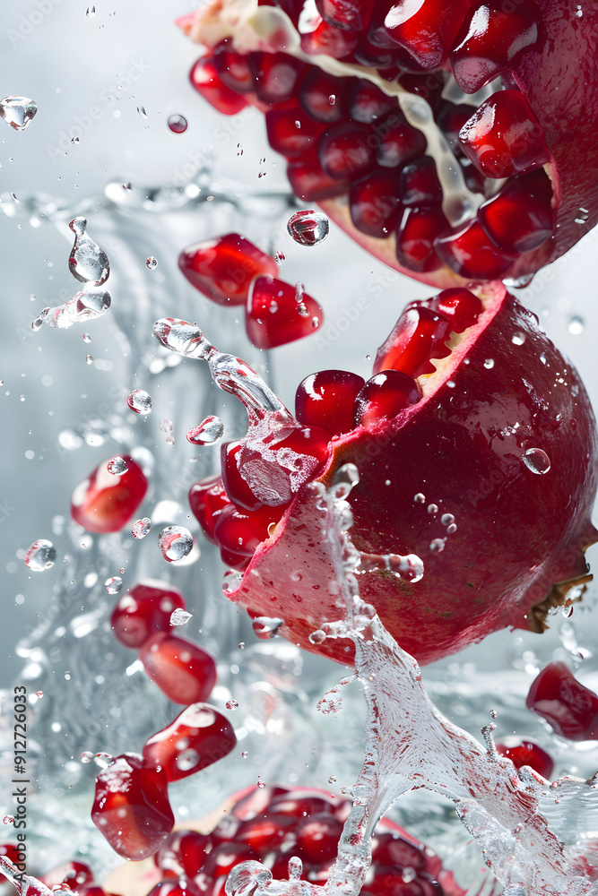 Poster pomegranate seeds falling into water creating splashes.