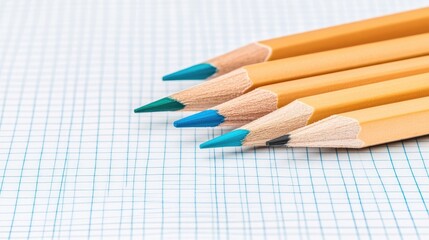 Obraz premium Colorful pencils are arranged in a row beside a sheet filled with grid-like geometric patterns during bright daylight