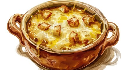 Delicious baked dish with melted cheese and croutons in an earthenware pot, perfect for comfort food lovers.