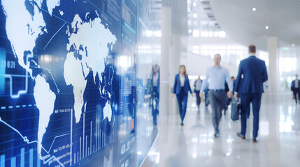 Fast movement and blurred business people in A bustling corporate lobby with business professionals networking, exchanging ideas beside a digital interactive wall displaying real-time market analytics