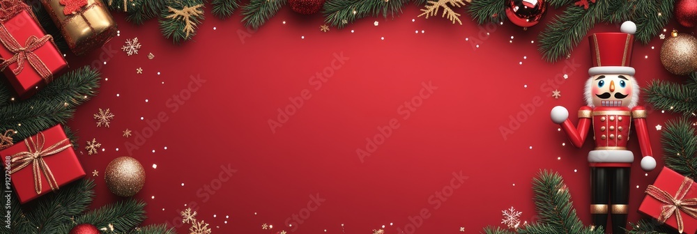 Poster Festive Christmas Background with Nutcracker and Gifts - A red background adorned with Christmas decorations, including a nutcracker, gifts, and pine branches, creates a festive and joyful atmosphere.