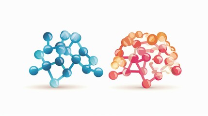 Abstract molecular structures in blue and orange shades